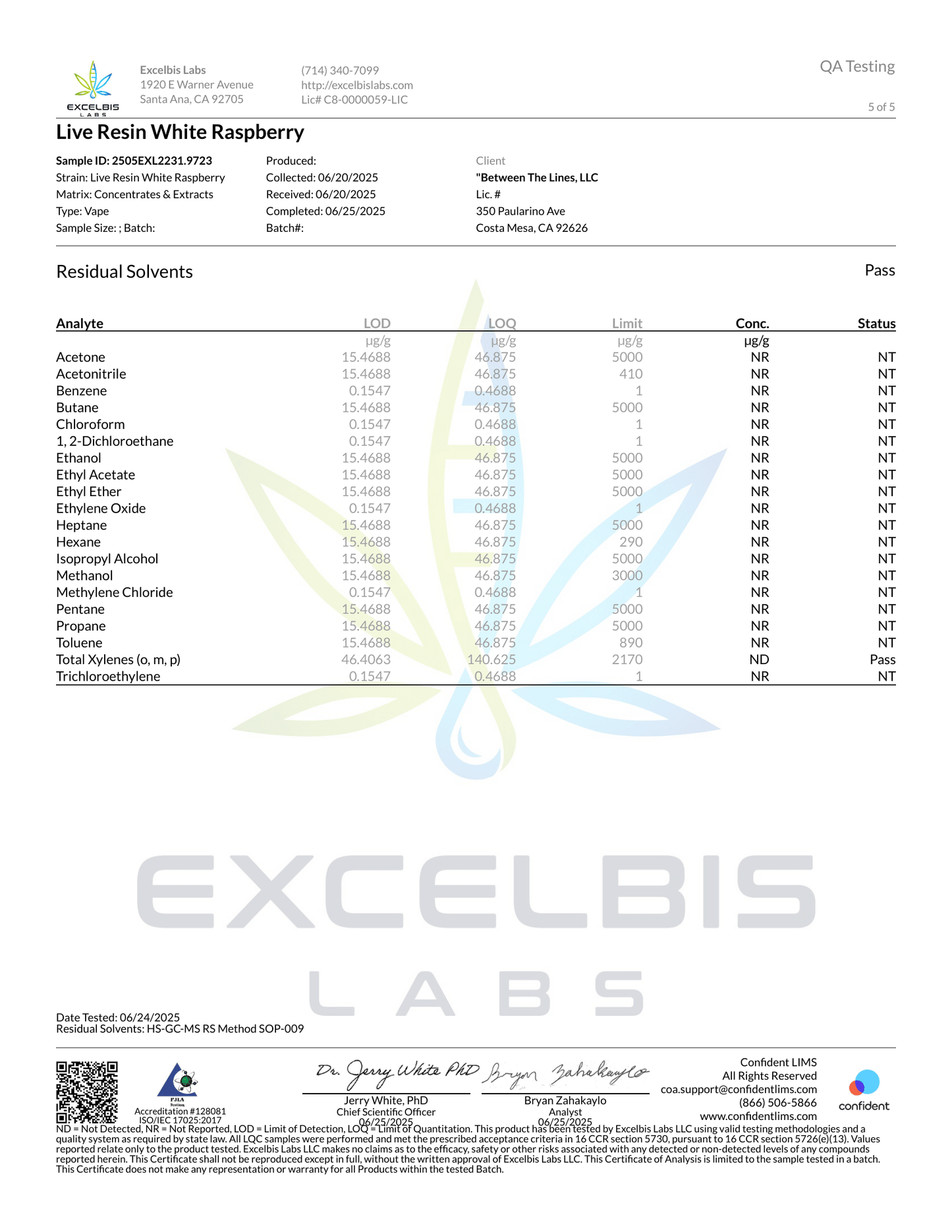 Lab test certificate for Live Resin White Raspberry product from Excelbis Labs