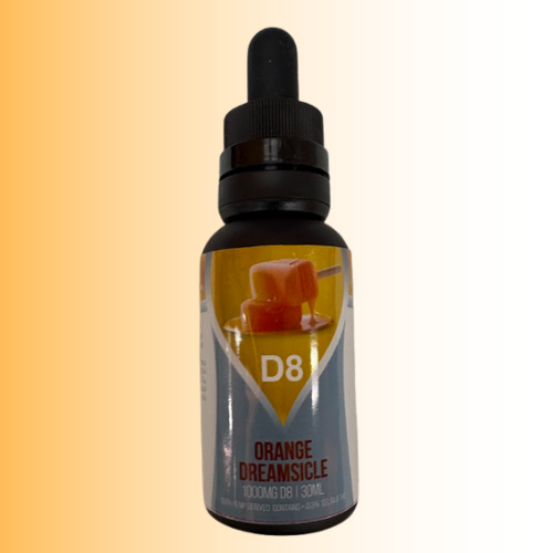 A 30ml dropper bottle of D8 Orange Dreamsicle e-liquid, featuring a black dropper cap and a label with orange, yellow, and gray graphics, set against a warm yellow-to-white gradient background.