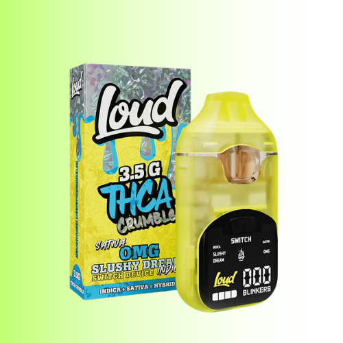 Yellow vape device with 'Loud' branding and packaging on a light green background. For customers in the Kenosha and Racine area