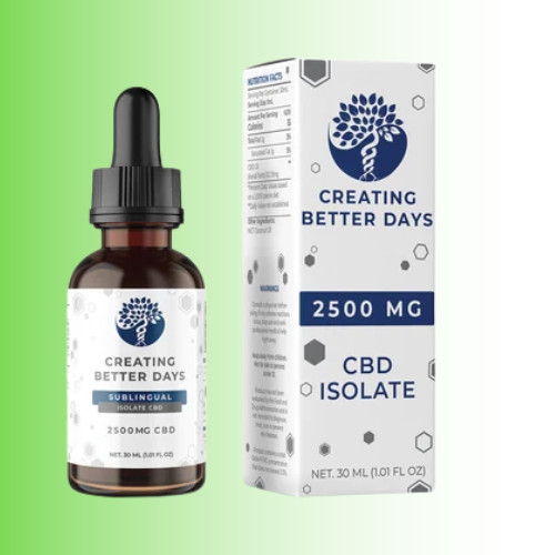 A 30 mL amber glass dropper bottle and its matching white packaging box for 'Creating Better Days' CBD Isolate 2500 MG, set against a light green gradient background.