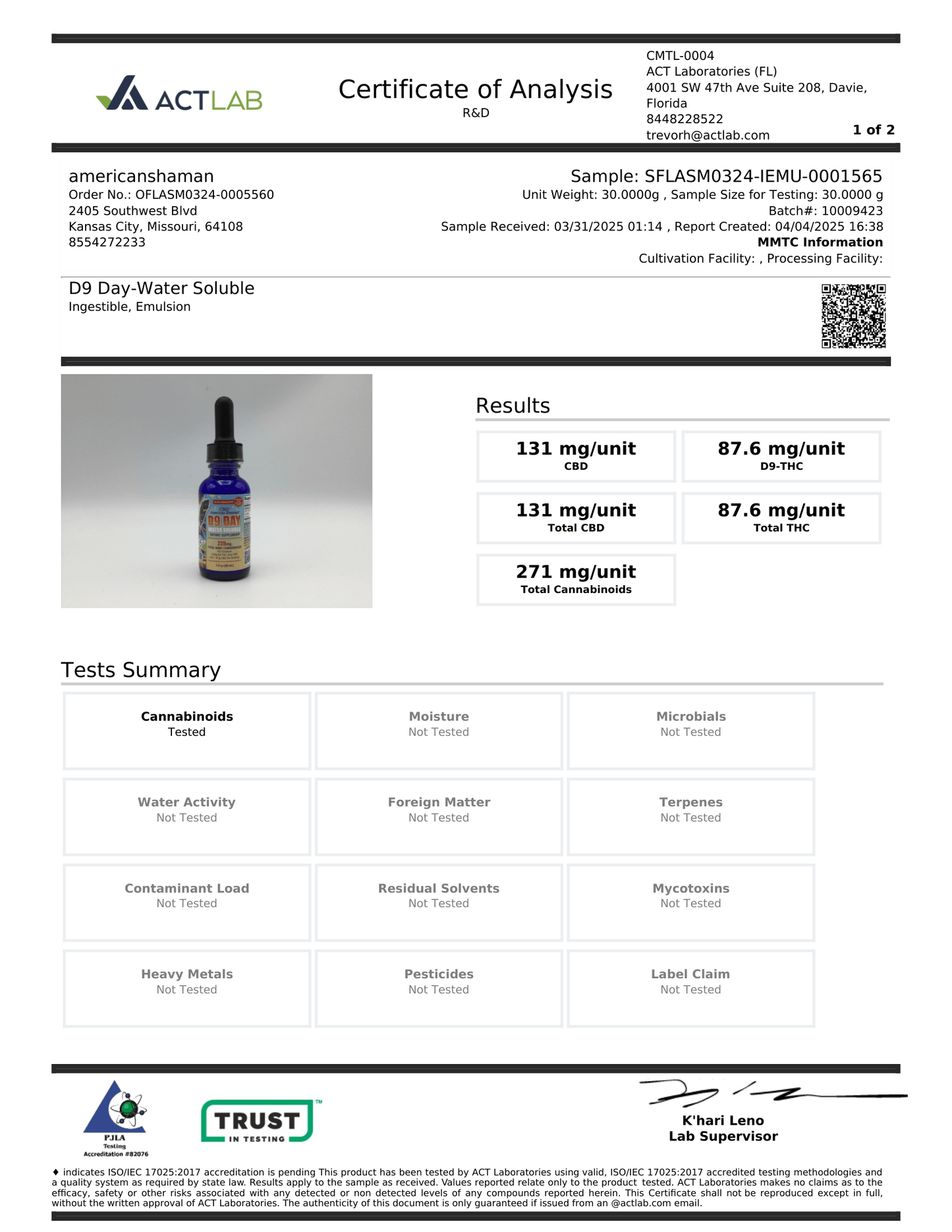 Certificate of Analysis for AmeriCanauts D9 Day-Water Soluble from ACT LAB, showing product details, a small dropper bottle photo, test results, and a summary table on a white document.