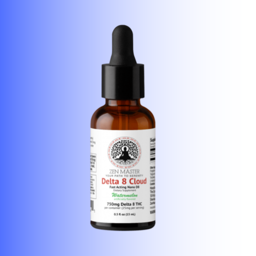 A 0.14 oz amber glass dropper bottle of Zen Master Delta 8 Cloud Fast Acting Haze Oil, featuring a white label with black and red text, set against a blue-to-white gradient background.