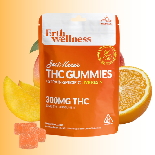 Erth Wellness Jack Herer THC Gummies package with orange slices on a gradient background
