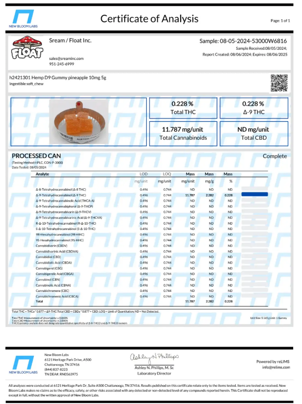 Certificate of Analysis from Stream Float Inc. with product details and analytical data.
