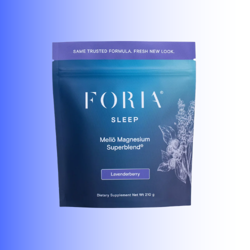 A stand-up pouch of FORIA Sleep Melló Magnesium Superblend dietary supplement in Lavenderberry flavor, shown against a blue-to-white gradient background.