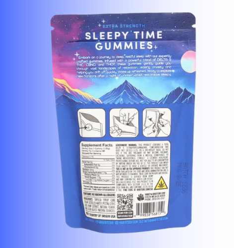 The back of a blue stand-up pouch of 'Sleepy Time Gummies' with a colorful starry sky and mountain graphic, product instructions, and supplement facts printed on it.