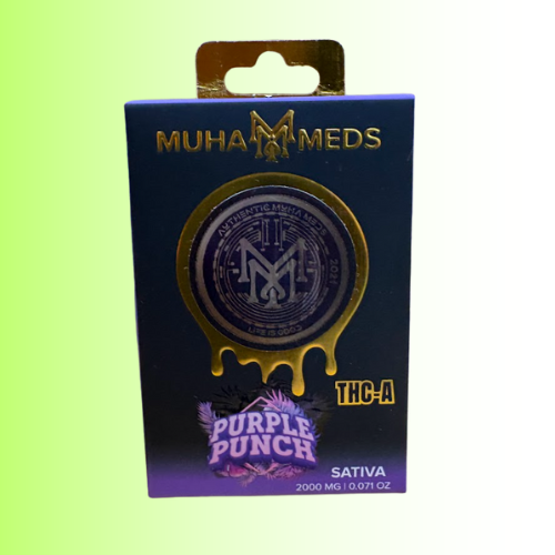 Muha Meds Purple Punch THC-A packaging on a black and purple gradient background. For customers in the Kenosha and Racine area