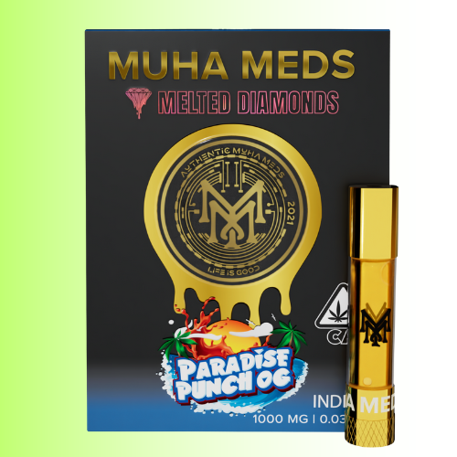 Gold vape pen with 'Muha Meds' packaging on a green background