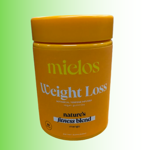 Yellow container of 'mielos' weight loss supplement with green background. For customers in the Kenosha and Racine area