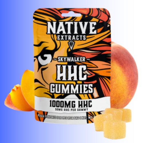 Packaging of Native Extracts HHC peach flavor Gummies with gummies in front on a gradient background, for customers in Kenosha and Racine