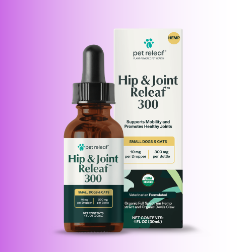 Pet Releaf Hip & Joint Releas 300 supplement shown as an amber glass dropper bottle next to its white and dark green packaging box, on a purple-to-white gradient background.