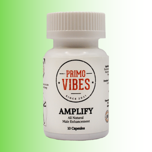 White bottle labeled 'Primo Vibes Amplify' on a green background