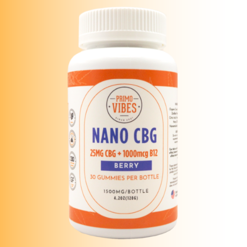 A white plastic bottle of Primo Vibes Nano CBG gummies with a white, orange, and blue label, set against a warm yellow-to-white gradient background.