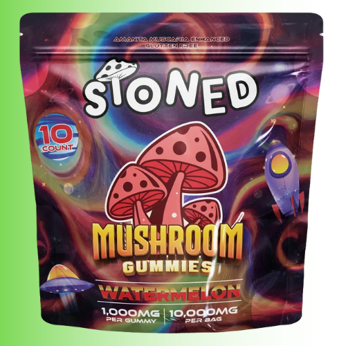 Package of 'Stoned watermelon flavor' mushroom gummies with colorful design and text on a green background. For customers in the Kenosha and Racine area