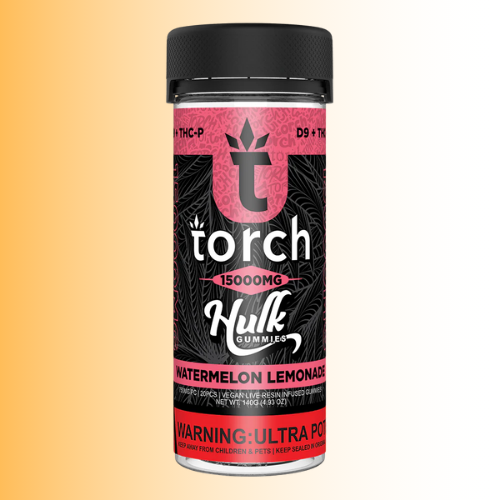 Torch Hulk Gummies container with watermelon lemonade flavor on a gradient background. For customers in the Kenosha and Racine area