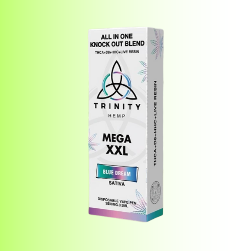 Trinity Hemp Mega XXL disposable vape pen packaging, flavor Blue Dream, on a gradient background. For customers in the Kenosha and Racine area