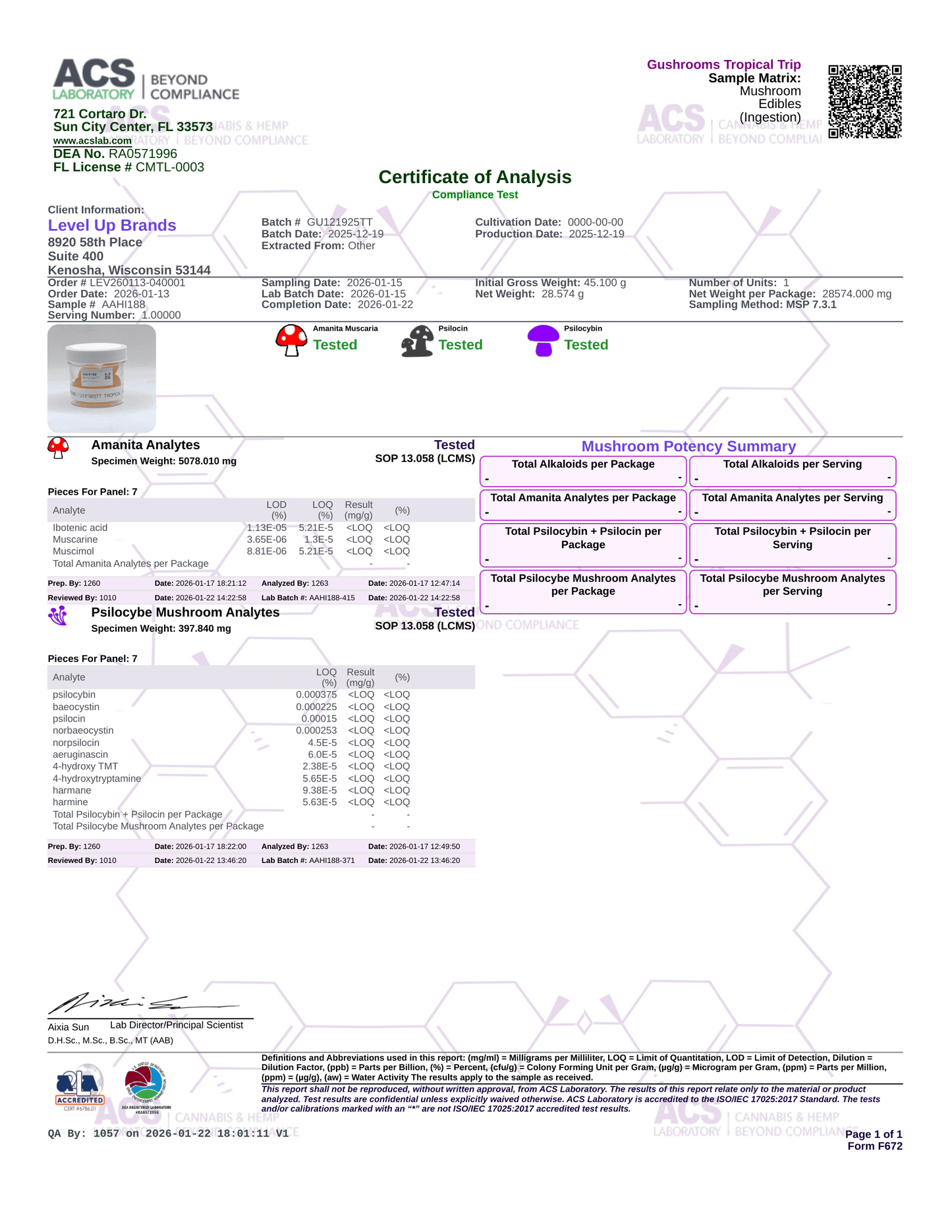 A certified test report and Certificate of Analysis for Ammonia Analysis from ACS Beyond Compliance, showing test results for a Level 1 Up Brand ammonia analyzer.