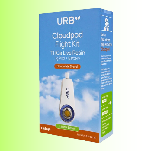 URB Cloudpod Flight Kit packaging, flavor Chocolate Diesel, with blue and white design on a green background. For customers in the Kenosha and Racine area