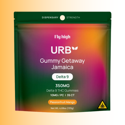 URB gummy packaging, flavor Passionfruit Mango, with a colorful gradient on a yellow background. For customers in the Kenosha and Racine area