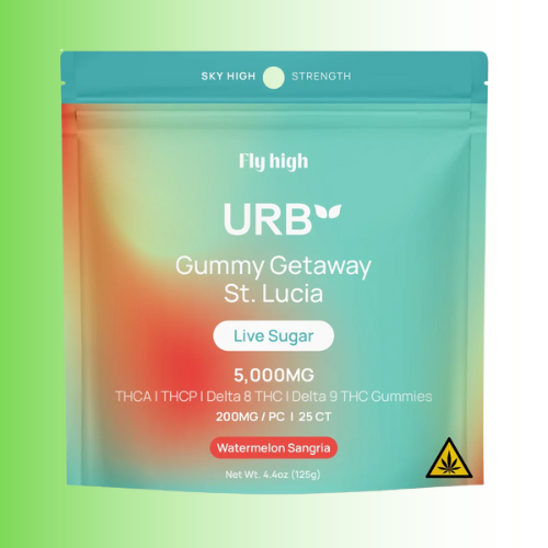URB gummy product packaging, flavor Watermelon Sangria, with gradient colors on a green background. For customers in the Kenosha and Racine area