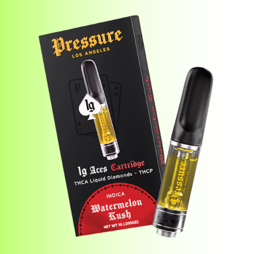 Vape cartridge with packaging labeled 'Pressure Los Angeles' on a light green background