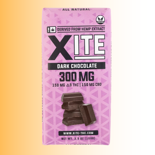 XITE dark chocolate package with 300 MG on a gradient background for customers dealing with pain, anxiety, and muscle soreness in Racine & Kenosha WI