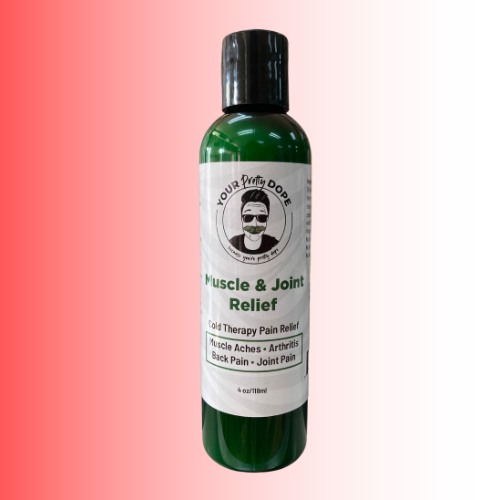 Bottle of 'Your Pretty Dope' Muscle & Joint Relief on a gradient background. For customers in the Kenosha and Racine area