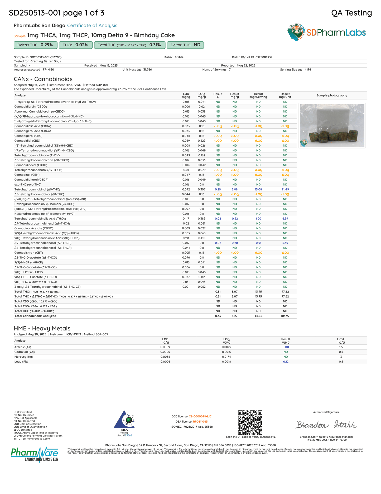 Lab test result sheet for a cannabis product with various measurements and results.