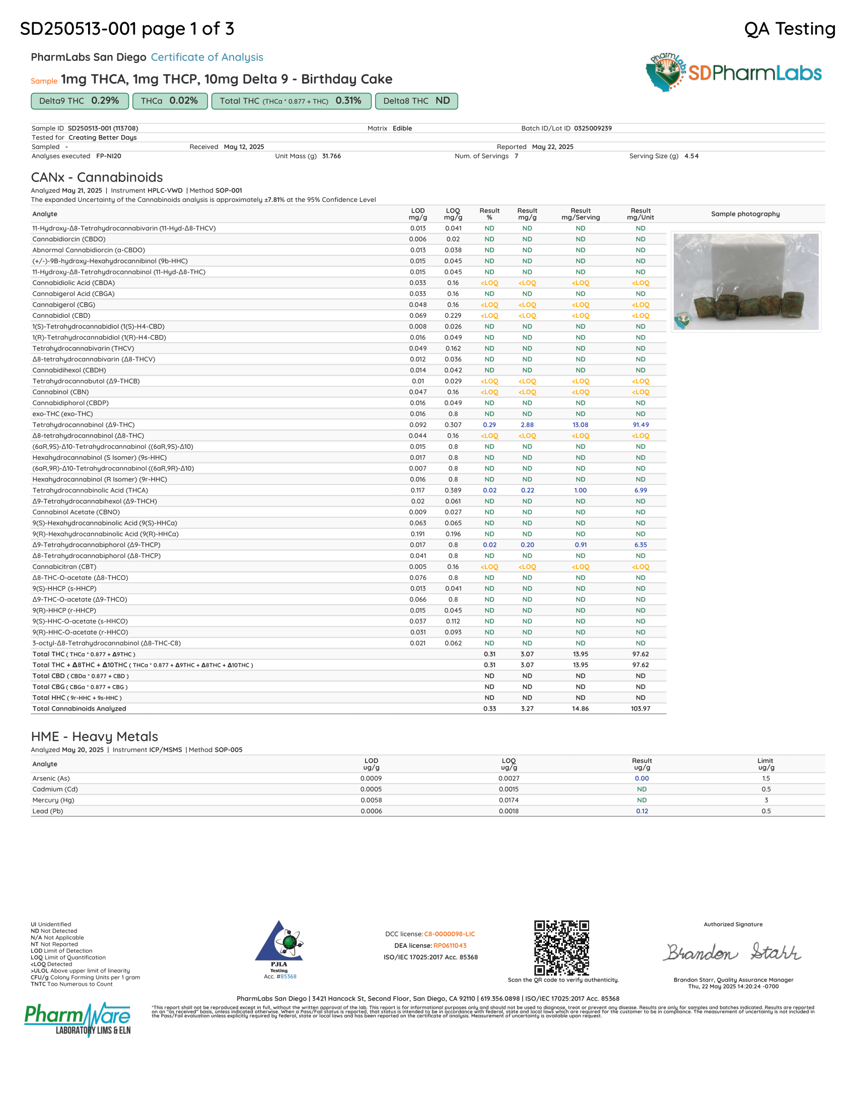 Lab test result sheet for a cannabis product with various measurements and results.