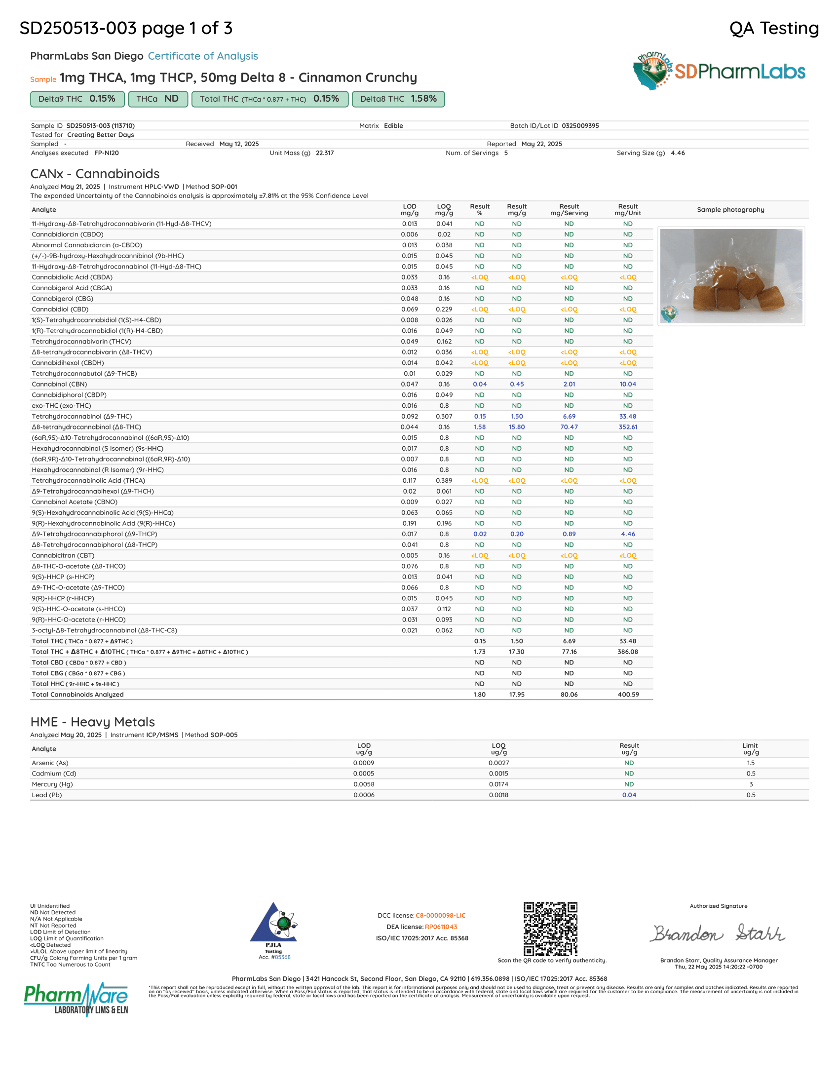 Drug testing results sheet with cannabis content analysis from SD Pharmalabs