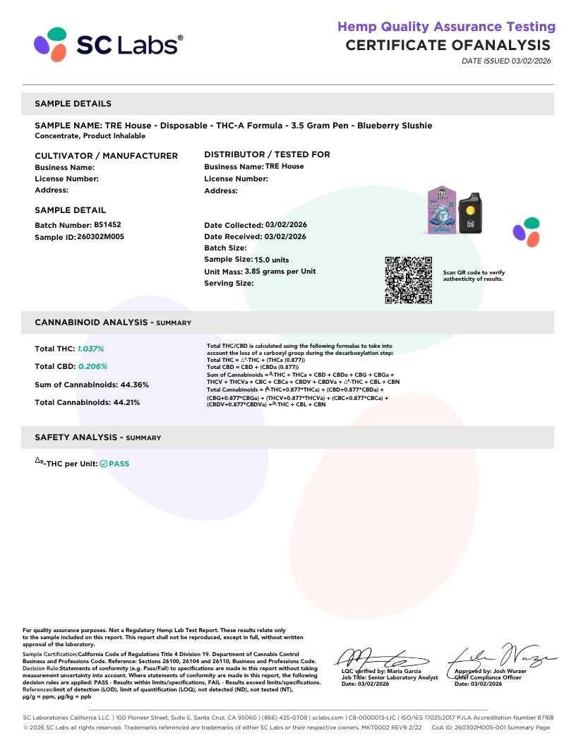 A certificate of analysis document from SC Labs for a disposable THC-a formula product called 'Tre House' in blueberry slushie flavor. The document features sample details, cannabinoid analysis summaries, safety analysis, and a QR code on a white background with blue and purple accents.