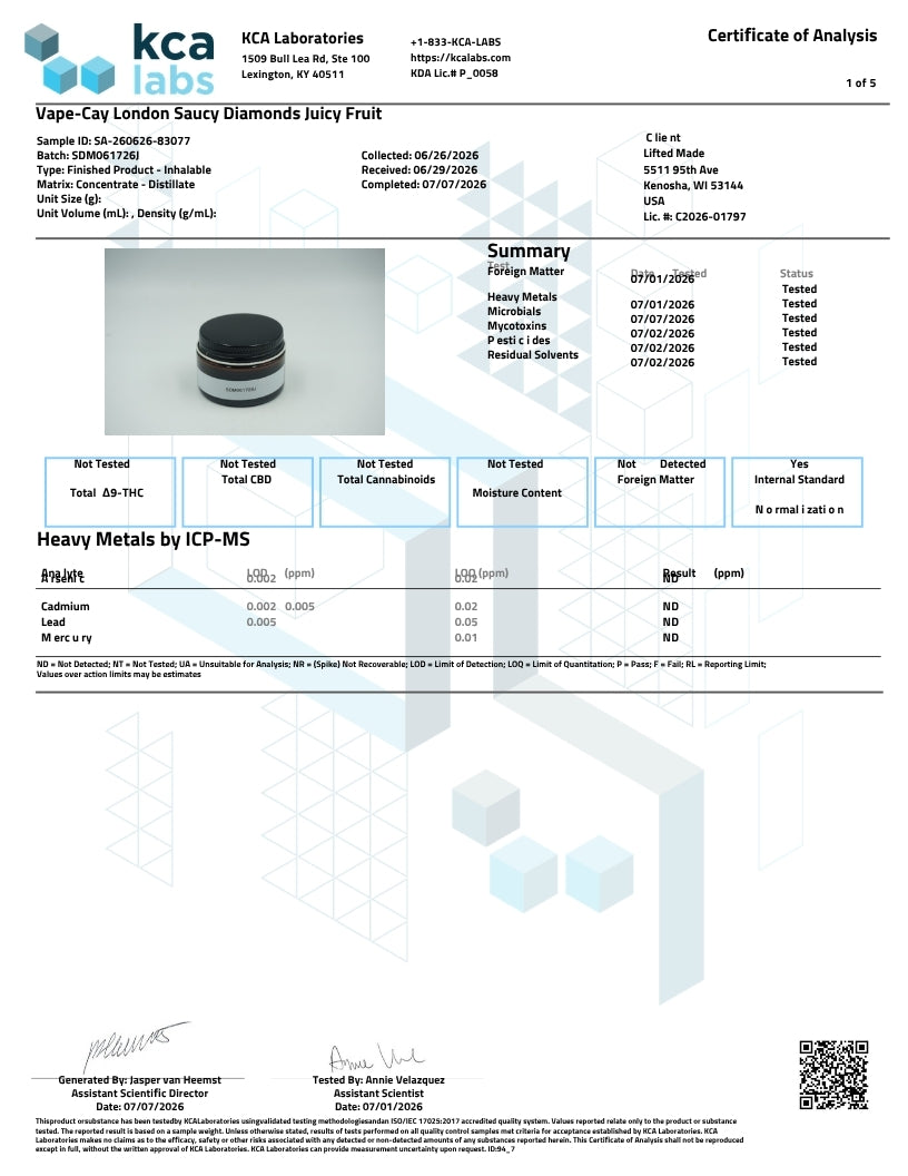 A Certificate of Analysis document from KCA Laboratories and HCA Laboratories, featuring a product photo of a black cylindrical container labeled 'Vape-Cray London Sausage Diamonds Juicy Fruit' on a white page with tables and text detailing test results.