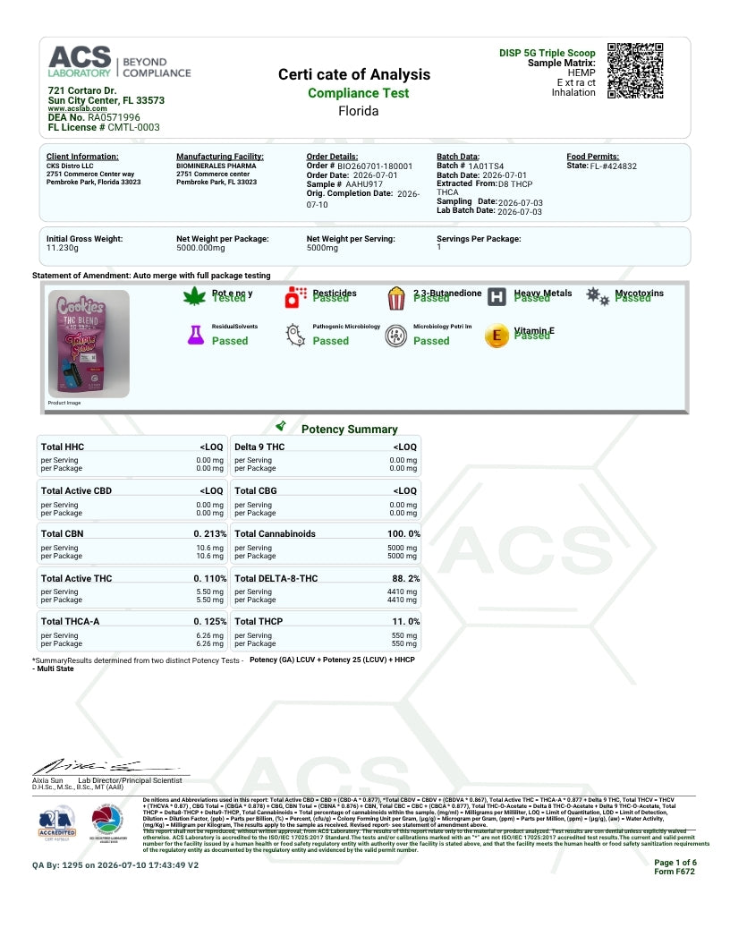 A compliance test certificate of analysis page from ACS Beyond Compliance, showing test details for Florida, a potency summary table, and a small packaged sample vial with a QR code.