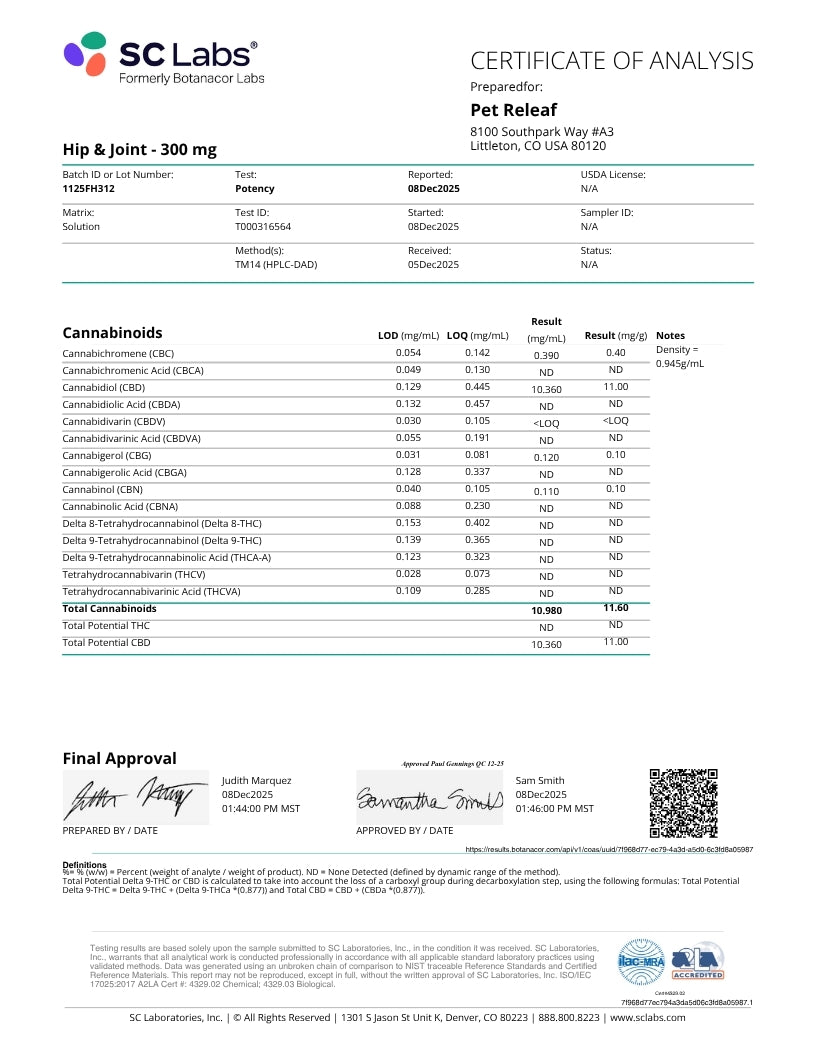 A Certificate of Analysis document from SC Labs for Pet Relief, showing test results for a 30 mg Hip & Joint supplement. The page includes the SC Labs logo, product details, a table of cannabinoid results, and approval signatures at the bottom.