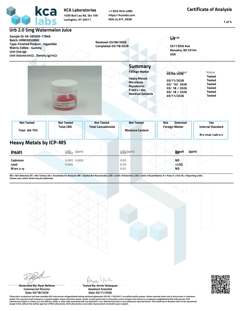 A Certificate of Analysis document from KCA Labs and HCA Laboratories, dated 2025/07/18, for a sample of watermelon juice. The page includes sample details, a small product photo of a white bottle with a red label, a summary table, test results, and a QR code.