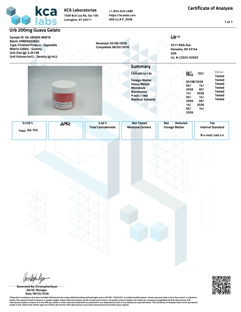 A certificate of analysis document from KCA Laboratories showing details for a sample of Ub1 200mg Guava Gelato, featuring a small product photo of a white jar with a red label, alongside tables of test results and a 3D isometric graphic of sample containers.