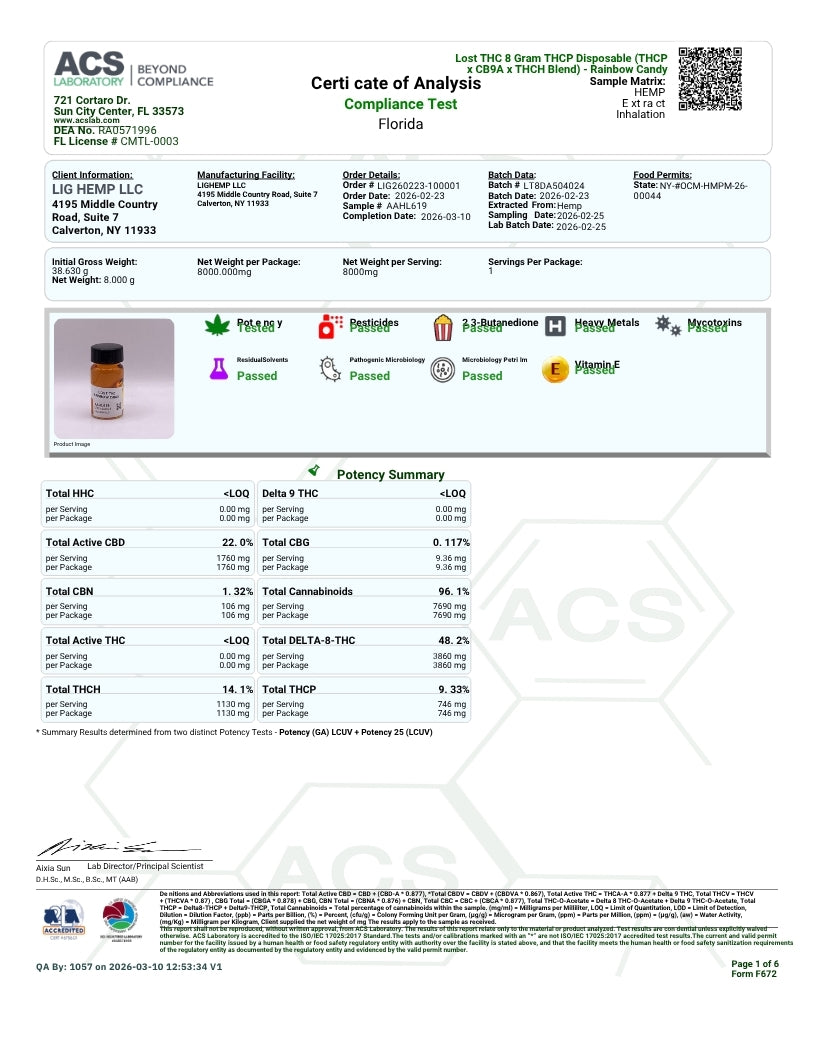 A compliance test certificate of analysis document from ACS Beyond Compliance for a disposable THC cartridge product, showing test details, a small product photo, and potency summary tables.