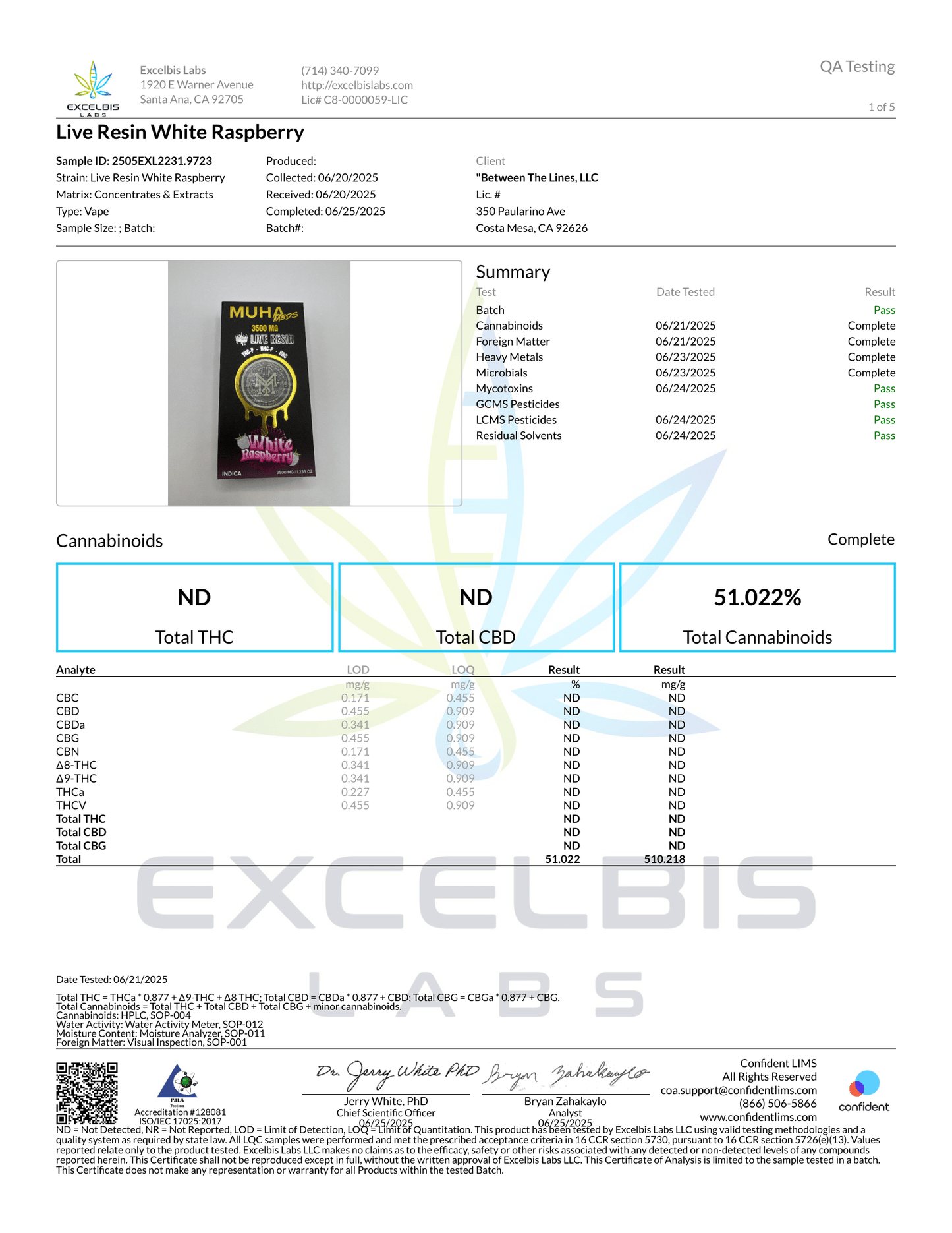 Cannabis product label with testing results and Excelbis branding.