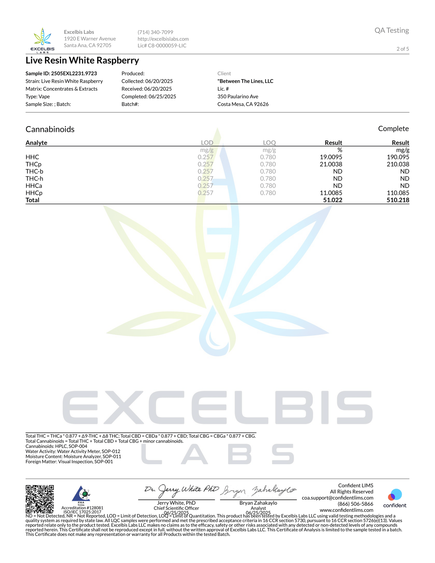 Lab test certificate for Live Resin White Raspberry product from Excelbis Labs