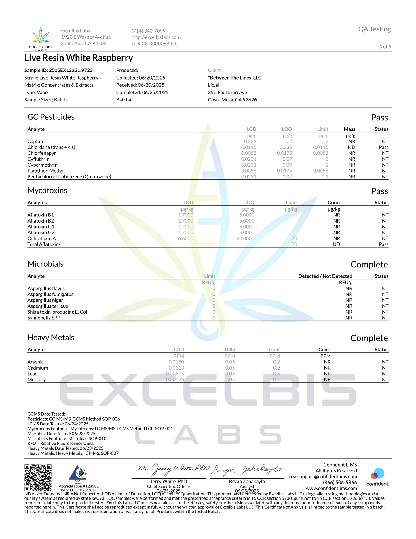 Lab test certificate for Live Resin White Raspberry from Excelbis Labs with various testing results.