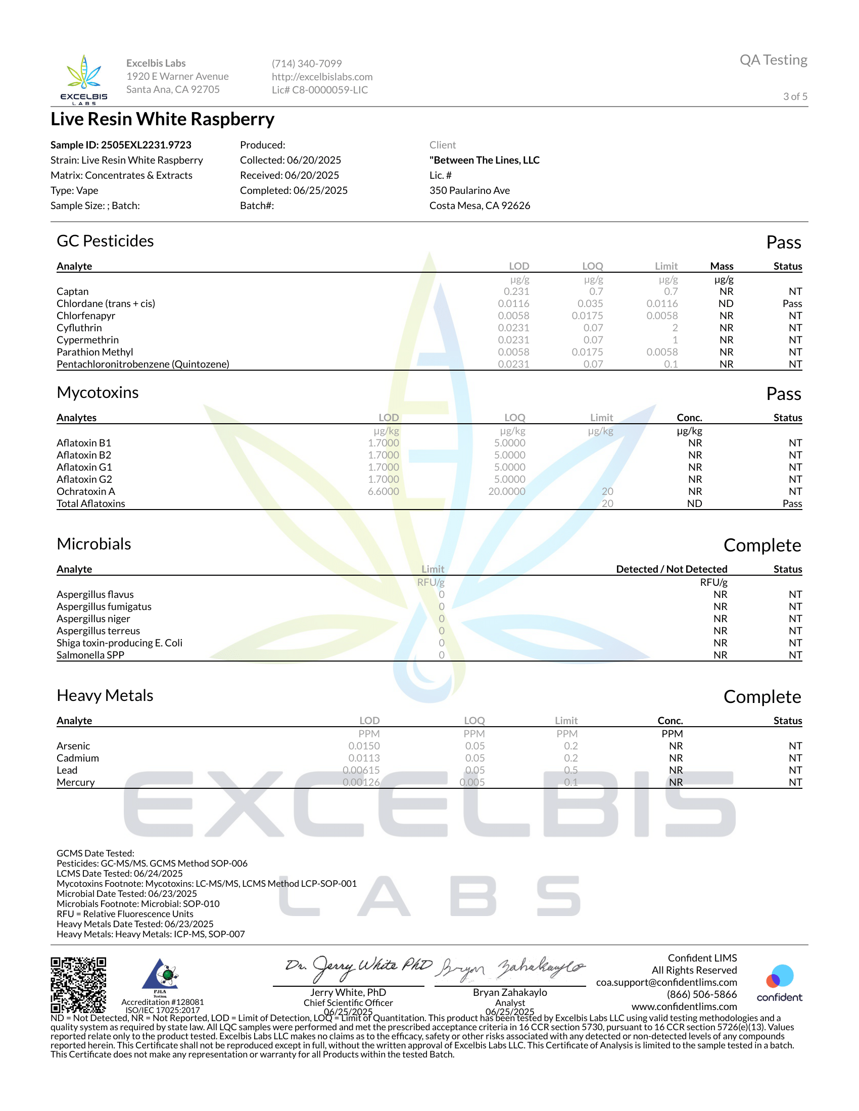 Lab test certificate for Live Resin White Raspberry from Excelbis Labs with various testing results.