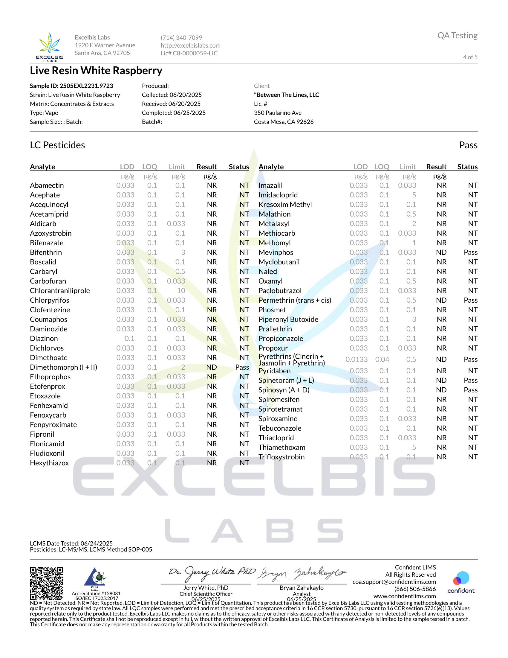 Lab test certificate for Live Resin White Raspberry from Excelbis Labs with various analytical results.