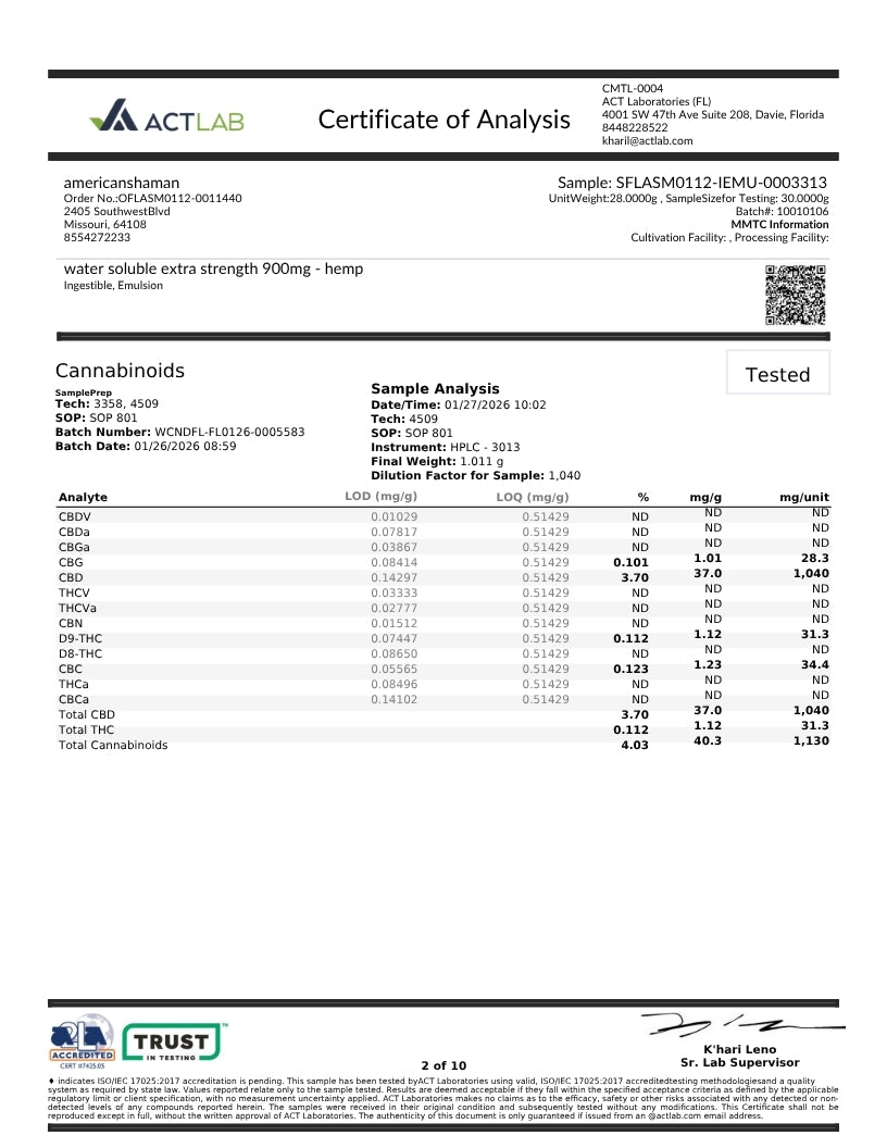 A Certificate of Analysis document from ACT LAB showing sample details and a table of cannabinoid results for a water soluble extra strength hemp product. The document includes sample information, a QR code, and company logos at the top and bottom.