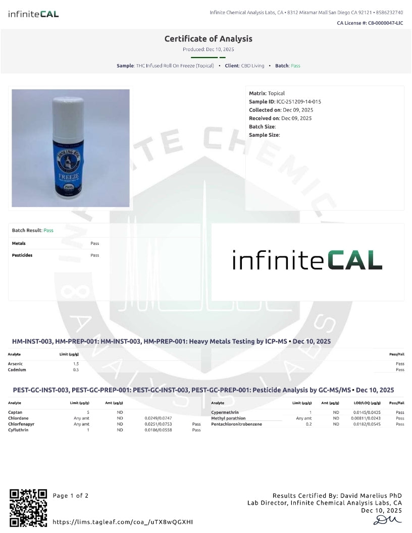 A document page showing a Certificate of Analysis for an infiniteCAL branded bottle of HNA pre-emptive powder. The page includes a small product photo of the blue bottle, batch results, heavy metal testing results, and a QR code.