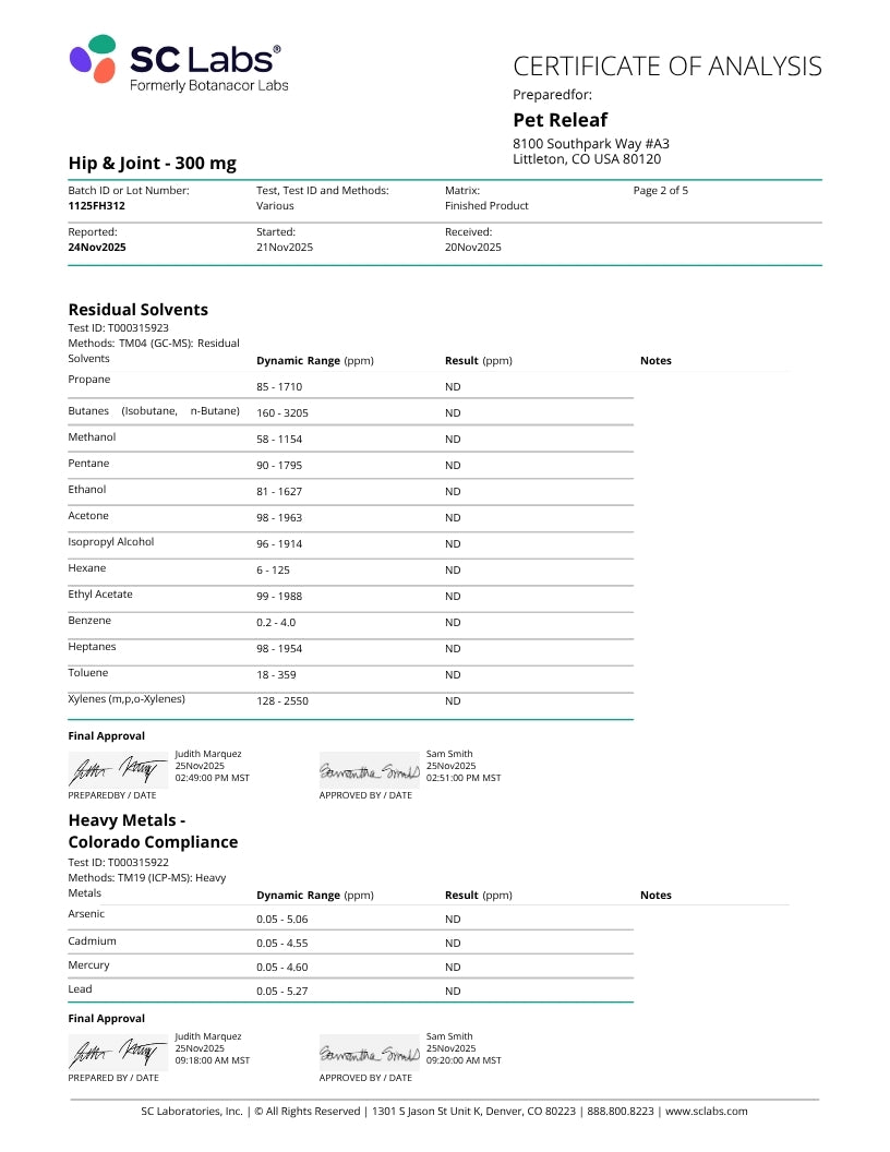 A Certificate of Analysis document for Pet Releaf by SC Labs, Formally Kolbner Labs, detailing residual solvents and heavy metals testing results for a 30 mg Hip & Joint supplement.