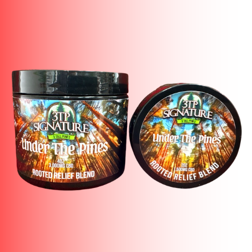 Jar of '3TP Signature Under The Pines Rooted Relief Blend' on a gradient background