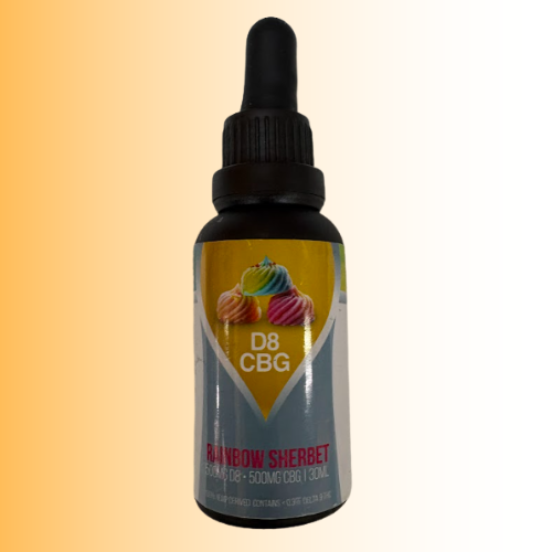 A 20ml dropper bottle of D8 CBG Rainbow Sherbet cannabis oil, featuring a black bottle and cap with a colorful label depicting three rainbow-colored sherbet ice creams on a yellow and gray background.