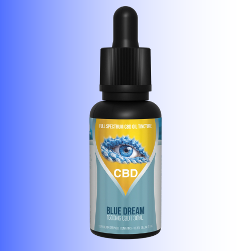 A 30ml dropper bottle of Blue Dream CBD tincture, 1500mg CBD, on a blue-to-white gradient background. The bottle is black with a black dropper cap, and the label features a light blue and yellow design with a blue eye graphic.