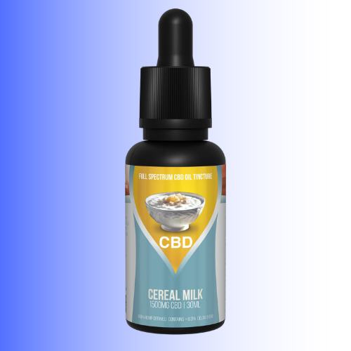 A bottle of CBD Cereal Milk tincture with a black dropper cap and a light blue and gold label, centered on a blue-to-white gradient background.