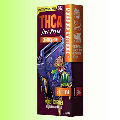 Moonrock THCA live resin cartridge Maui Diesel Flavor packaging on a gradient background. For customers in the Kenosha and Racine area